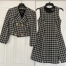 Authentic Versace Black & White Houndstooth Tweed Blazer Dress Set Gold Buttons