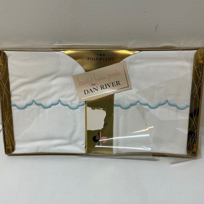 Vintage Dan River Blue Combed Percale Pillowcases Set of 2 Scallop Trim NEW NOS