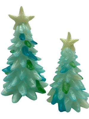 Set of 2 Resin Sea Glass Pine trees Star fish topper nautical blue green ocean
