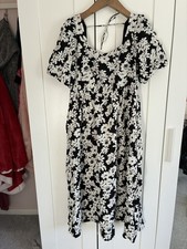 M&S floral Black White Maxi Dress Puff Sleeve shirred back prairie tiered summer