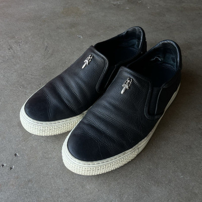 Chrome Hearts Men's Black Leather Slip-On Sneakers White Sole