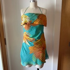 Siedres x Mango Siren Dress S Turquoise Orange Floral Halter Flutter NWT