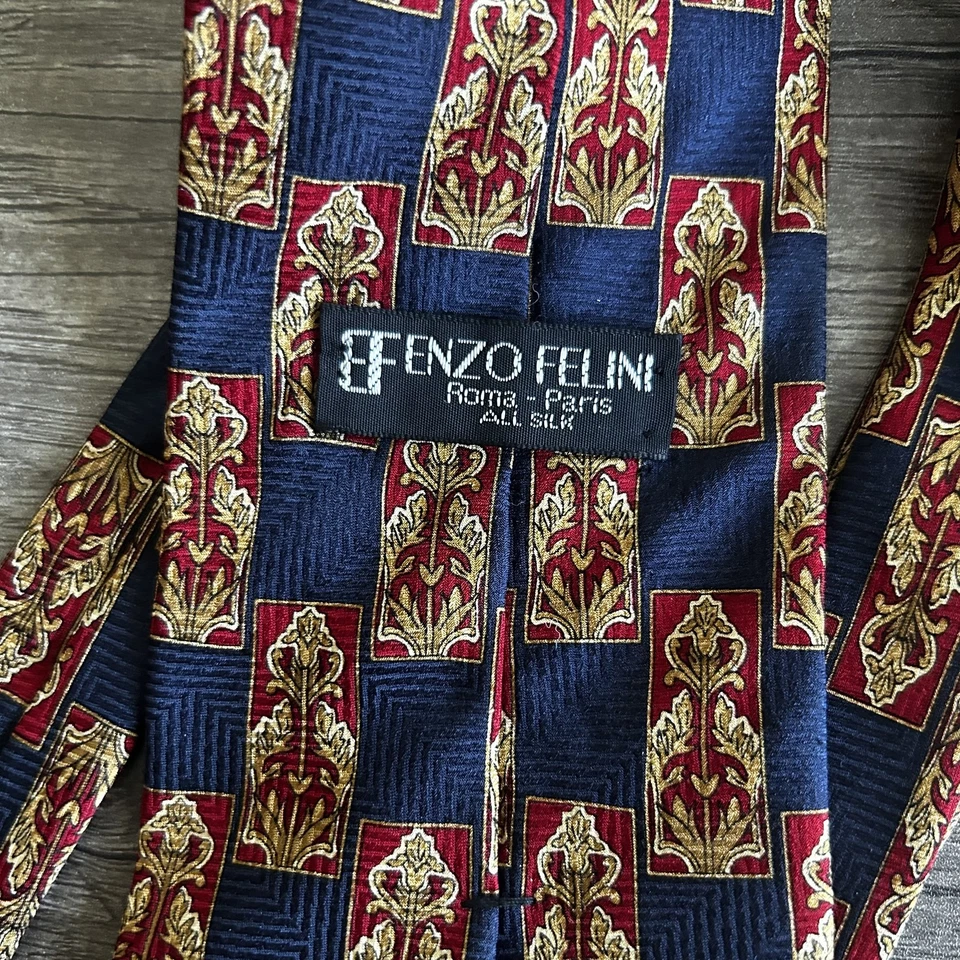 Corbata Enzo Felini Para Hombres Seda Patrón Geométrico Hecha a Mano Formal Clásica Azul Rojo Dorado Foto 4 de 4