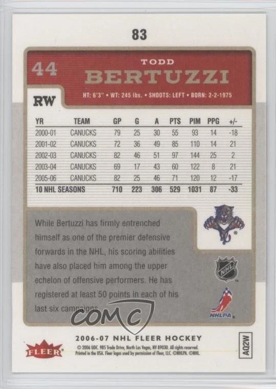 2006-07 Fleer Todd Bertuzzi #83 - Image 2 of 2