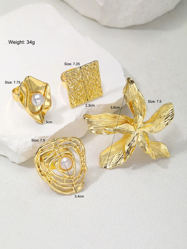 4 Pc Chunky Band Ring Set Geometric Textured Faux Pearl Wave Women Jewelry - Picture 6 of 20