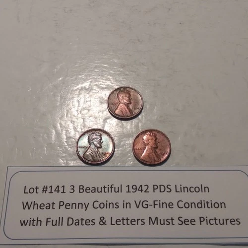Lot #141 3 Beautiful Lincoln Wheats 1942-P 1942-D 1942-S VG to Fine See Pictures