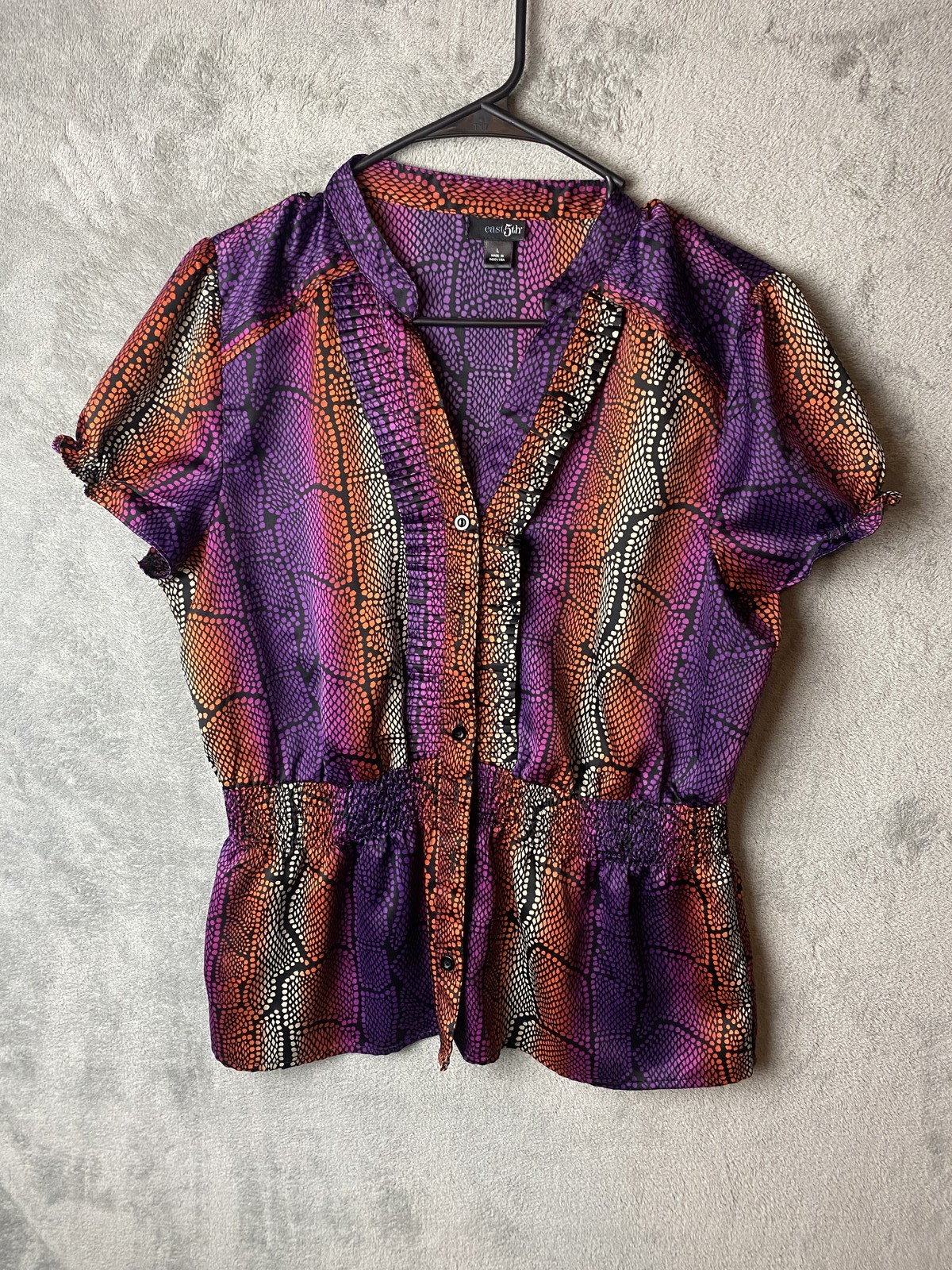 East 5th Womens L Blouse Purple Orange Snake Print Short Sleeve