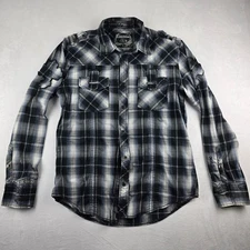 Buckle Black Label Mens L Plaid Shirt Slim Fit Cross Patches Embroidery