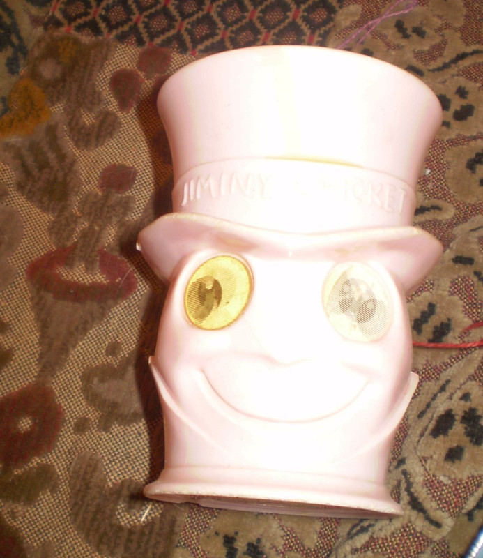 Vintage Jiminy Cricket pink plastic google eye child mug