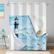 No Hook Shower Curtain with Snap in Liner Set, Nautical Lighthouse Map Wate...