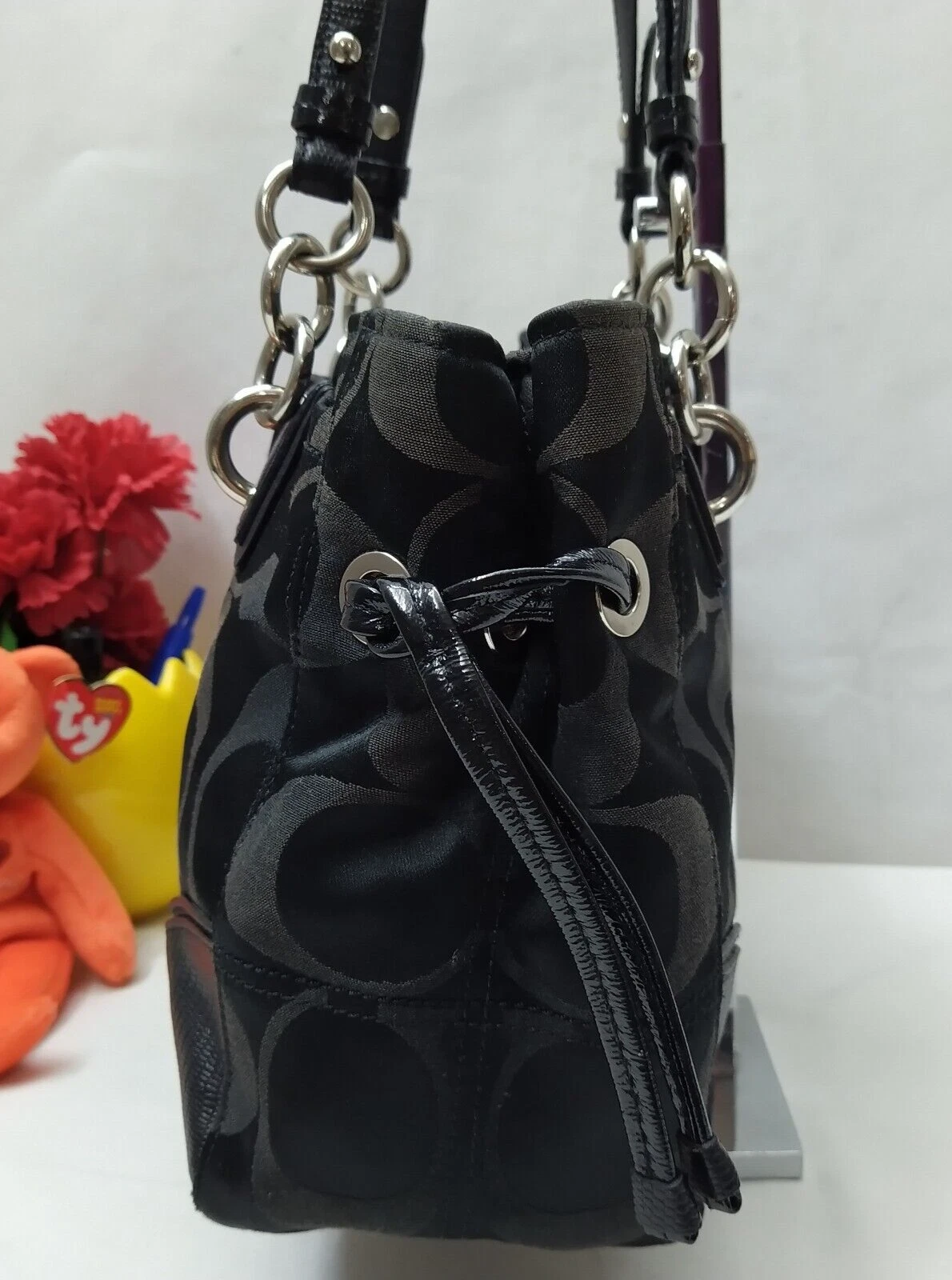 Borsa a tracolla Coach Signature tela nera doppia maniglia