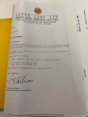 Lotus Elan Closed Loop LHD/USA Service Parts List Manual OEM 1991