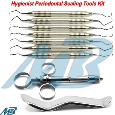 9-PCS Periodontal Scaling Gracey Curettes Set Retractor Oral Anesthesia Syringes