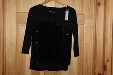Rebecca Malone Black Knit Sequin Embellished 3/4 Sleeve Pullover Tunic - L  NWT