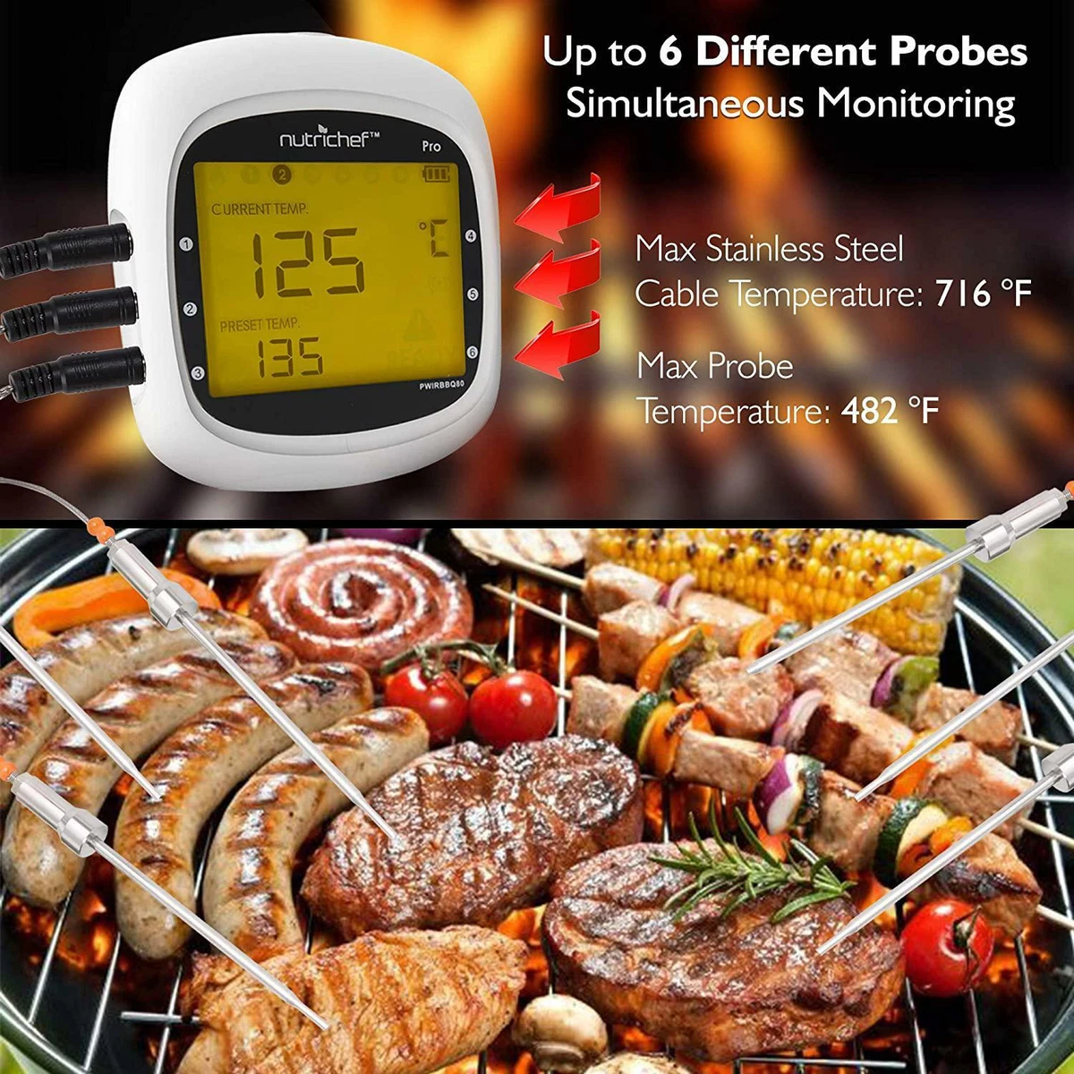 380 Celsius Wireless Bluetooth BBQ Smoker Grill Thermometer Barbecue  Temperature Gauge Barbecue Kitchen Thermometer with APP