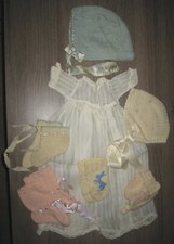 Vtg hand knit baby clothing, booties, bonnets, mittens plus antique white gown