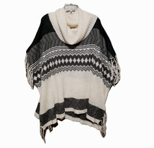 Lane Bryant Poncho Sweater Gray Cream Cowl OS Fringe Womens Boho Tribal Coastal