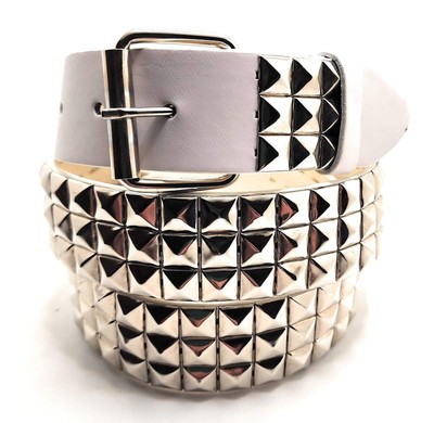 White Silver Pyramid Studded Leather Belt Punk