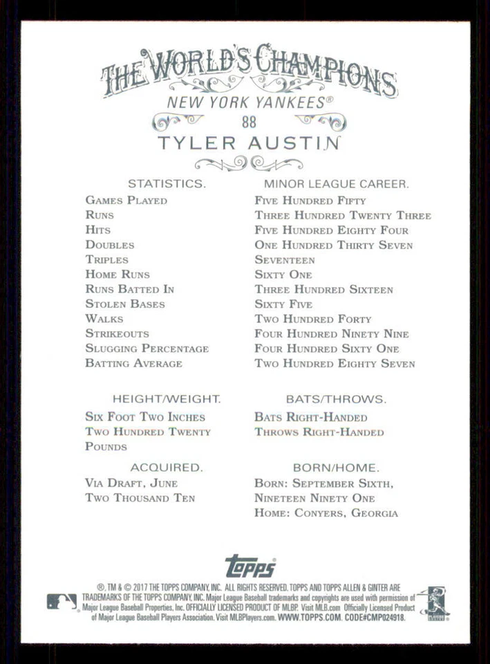2017 Topps Allen and Ginter #88 Tyler Austin RC - Image 2 of 2