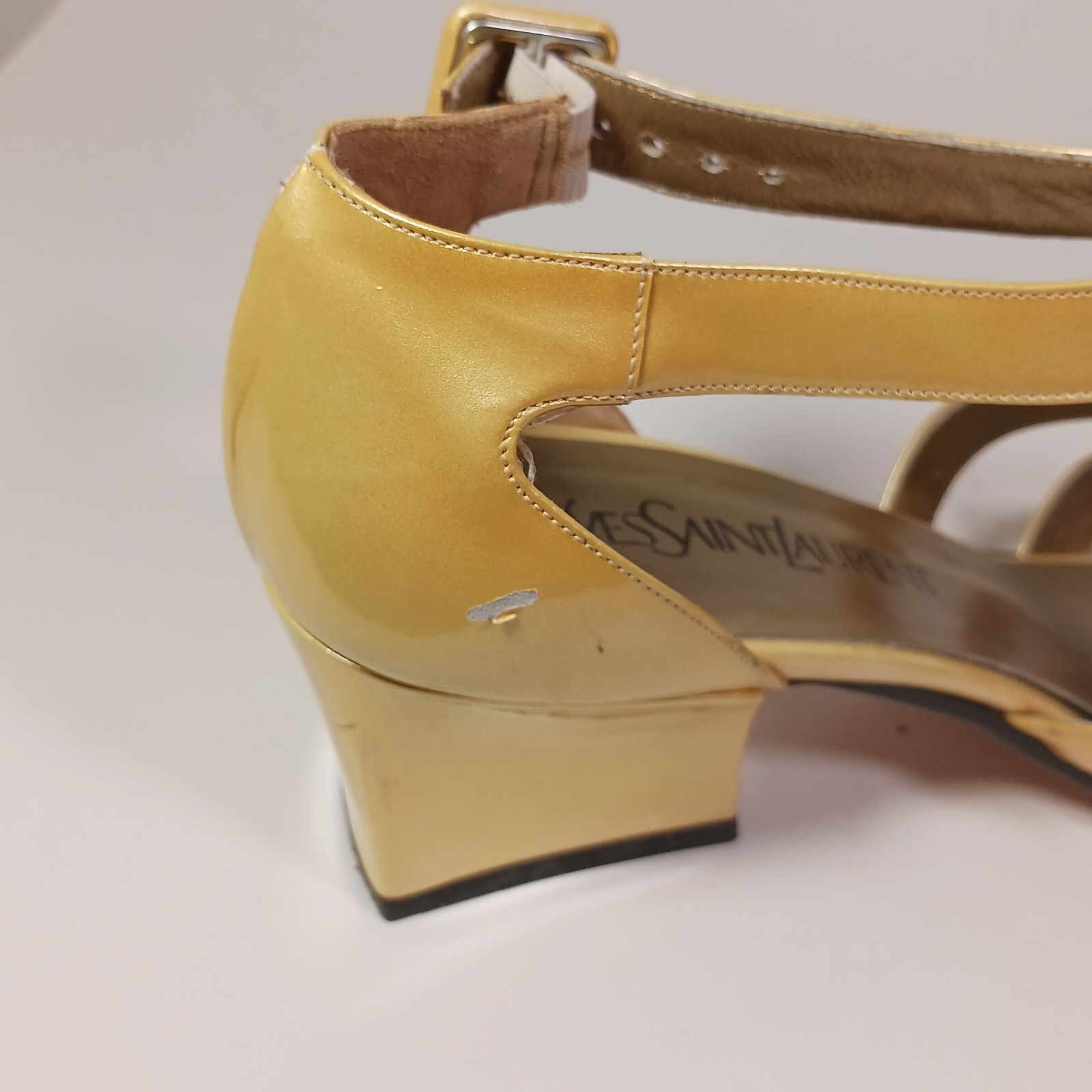 Yves Saint Laurent Tribute Sandals Shoes YSL Heels Sz 7.5 Patent Leather GOLD thumbnail 4