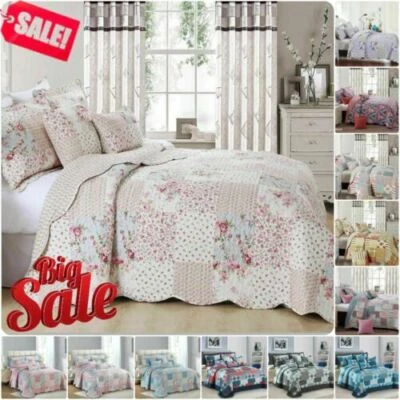3 Piece Quilted Patchwork Bedspread Throw Single Double King Size Bedding Set*