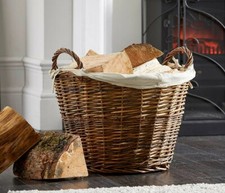 Log Basket With Liner Large Round Brown Rustic Wicker Fireside 