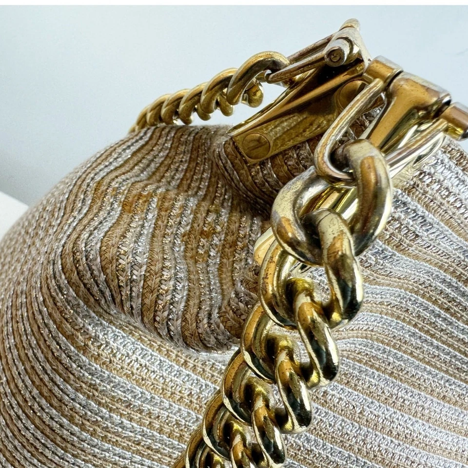 Eric Javits NY Womens Metallic Raffia Double Chain-Link Strap Purse Gold Silver - Image 3 of 4
