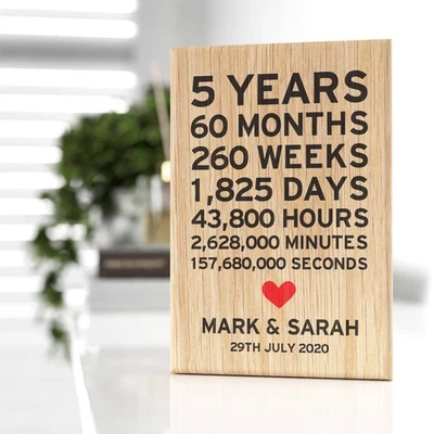 BEECREATIVE GIFTS 5th Wedding Anniversary Gift Wood PERSONALISED Wooden 5th Anniversary Gifts Him