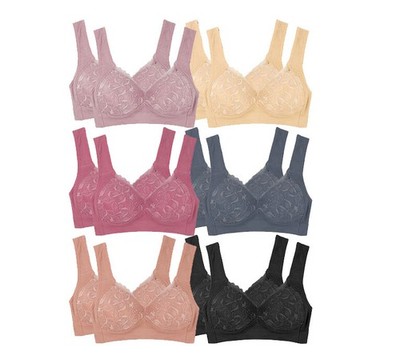 Women's Assorted Color Lace Trimmed No Wire Supportive Bra Set 6 Pack