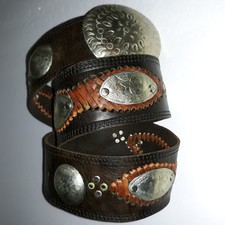 Vtg Moroccan Wide Belt Leather Silver Conchos Studs 3 3/4" Ornate Buckle Blk/Brn