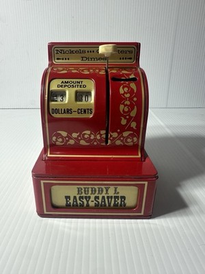Vintage Coin Bank  Metal Cash Register Buddy L Easy Saver Red Savings Bank