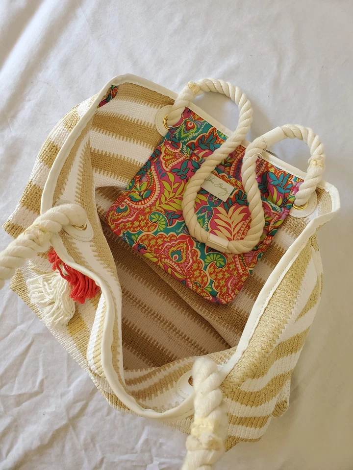 Bolso de Mano Vera Bradley Mujer Blanco Tostado Rayas Trenzado Paja Borlas Playa Foto 2 de 3