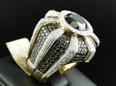 4Ct Round Cut Lab Created Black & White Diamond Mens Ring 14K Yellow Gold Plated