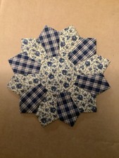 Handmade Quilted 10  Blue  Tan Floral Farmhouse Table Topper, Candle Mat, NEW