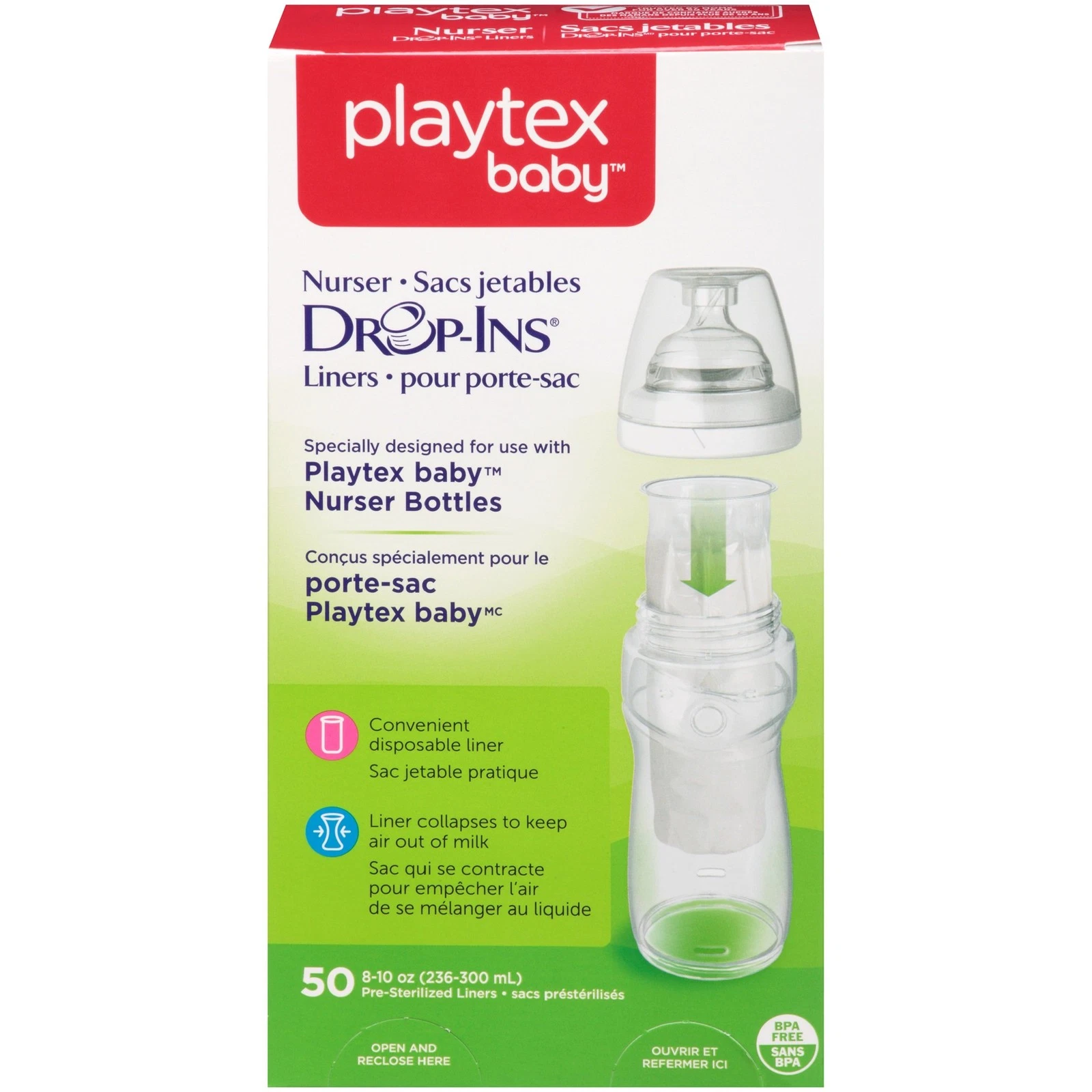 Diaper Genie Playtex Nurser Drop-Ins Baby Bottle,Breastfeeding, 8 Oz, 50, 2 Pack
