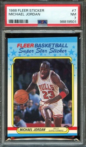 1988 Fleer Sticker MICHAEL JORDAN #7 Basketball Card PSA 7 NM
