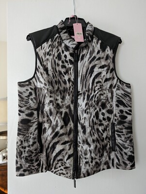 NWT $995 Basler Women's Black Tan Animal Print Leather Vest  44/ GB18 /FR46 READ