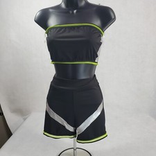 INC Mujeres Conjunto de 2 piezas Tubo Top Pantalones Cortos Negro Verde Neón Ropa Activa Festival Pequeño S