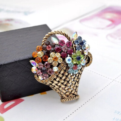 Cute Flower Basket Crystal Rhinestone Vintage Style Brooch Pin and Gold Bag