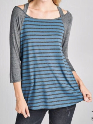 Oddi Women s Striped Criss Cross Halter Style Top Blue Gray Casual Shirt Small