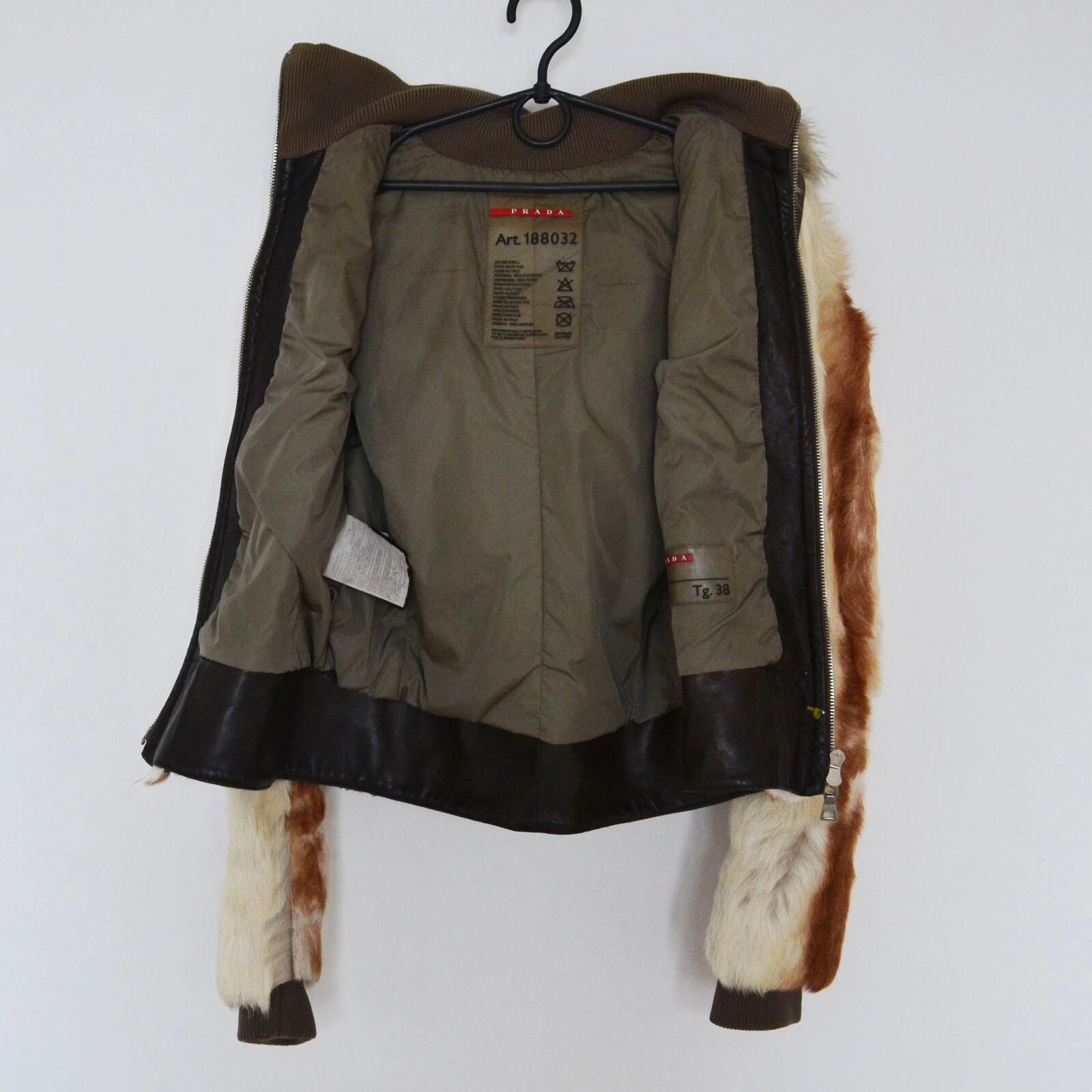 Giacca pelliccia PRADA donna vintage con cappuccio pelle di vitello lana beige marrone zip 36