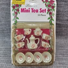 Vintage Mini Porcelain Tea Set 13 Piece Pink and White Floral NOS Open Pkg