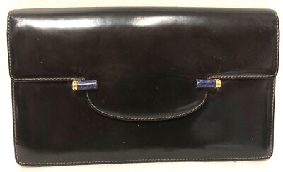 GUCCI STUNNING CLASSIC 1950's VINTAGE BLACK LEATHER CLUTCH BAG LAPIS TURN LOCKS