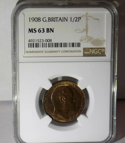GREAT BRITAIN 1908 1/2 P HALF PENNY NGC MS 63 BN Certified Graded MS63BN Coin 