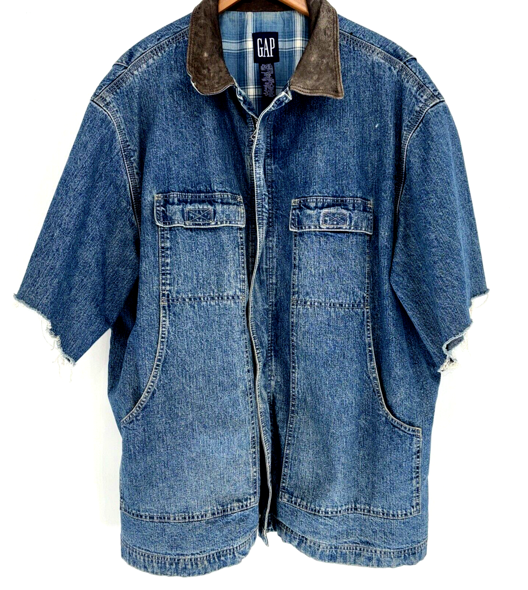 Vintage GAP 80s Blue Denim Plaid Lined Full Zip Jacket Shirt Coat
