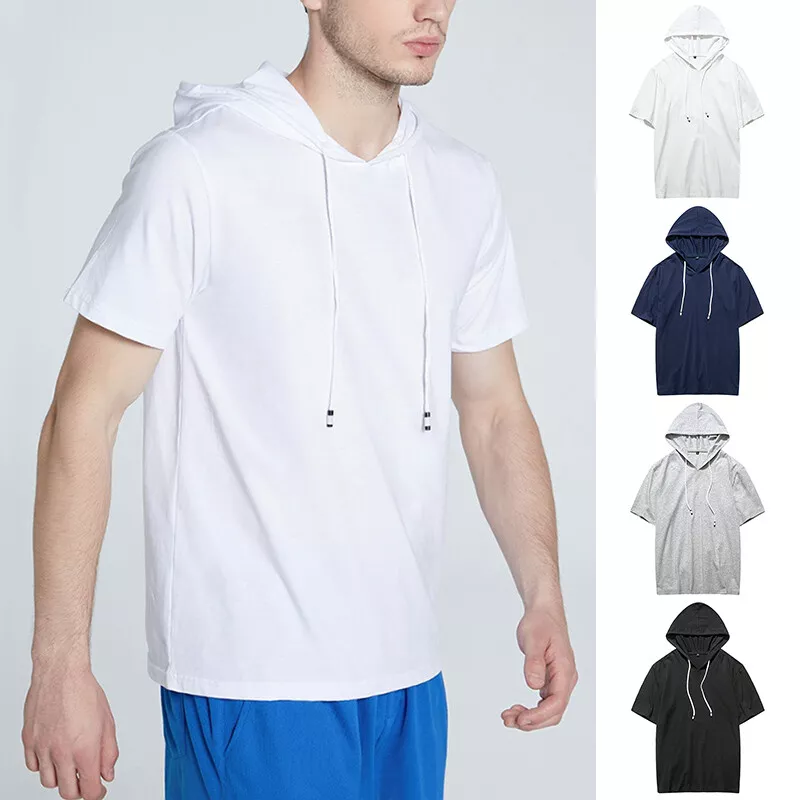 Mens Short Sleeve Hooded T-shirt Sports Gym Top Tee Shirt Hoodie Casual