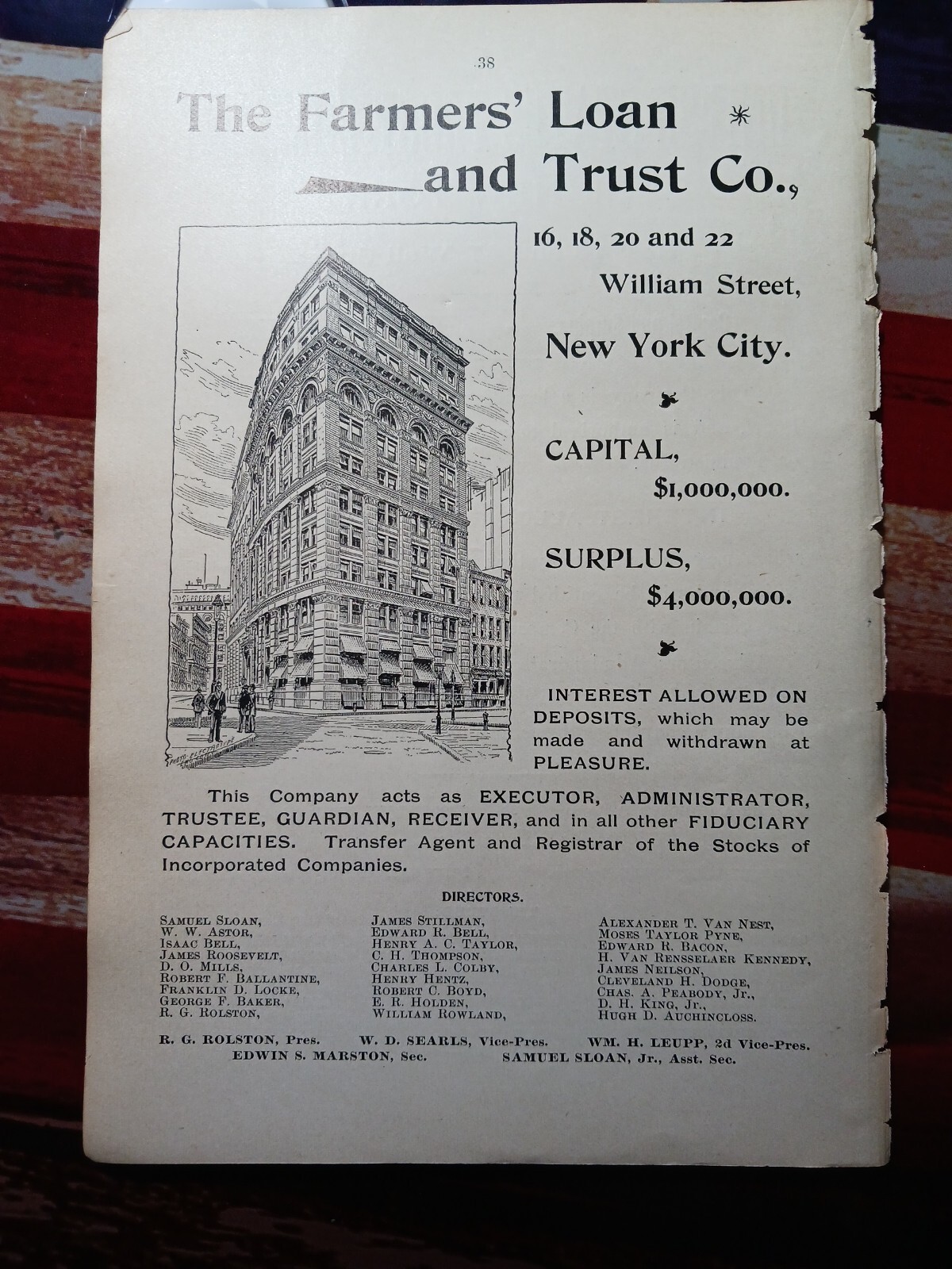 ☆1895 print ad FARMERS LOAN & TRUST 16to22 William Street NYC building picture