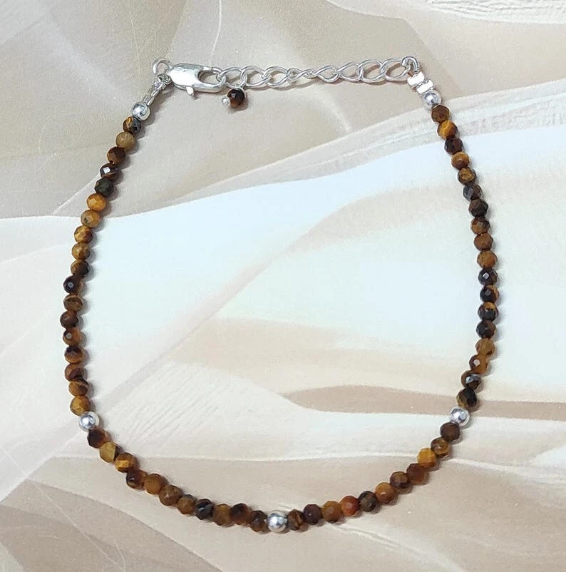 Tigerauge facettiert rund Edelstein Silber gefüllt Perlen handgefertigte Armb... - Bild 4 von 4