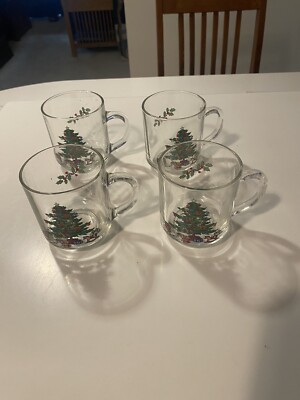 Vintage Sabin Luminarc Clear Glass Holiday Christmas Tree Mugs Coffee set of 4