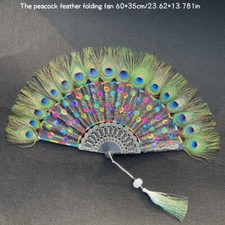 Chinese Peacock Feather Handmade Folding Hand Fan Sequin Embroidery Club Party